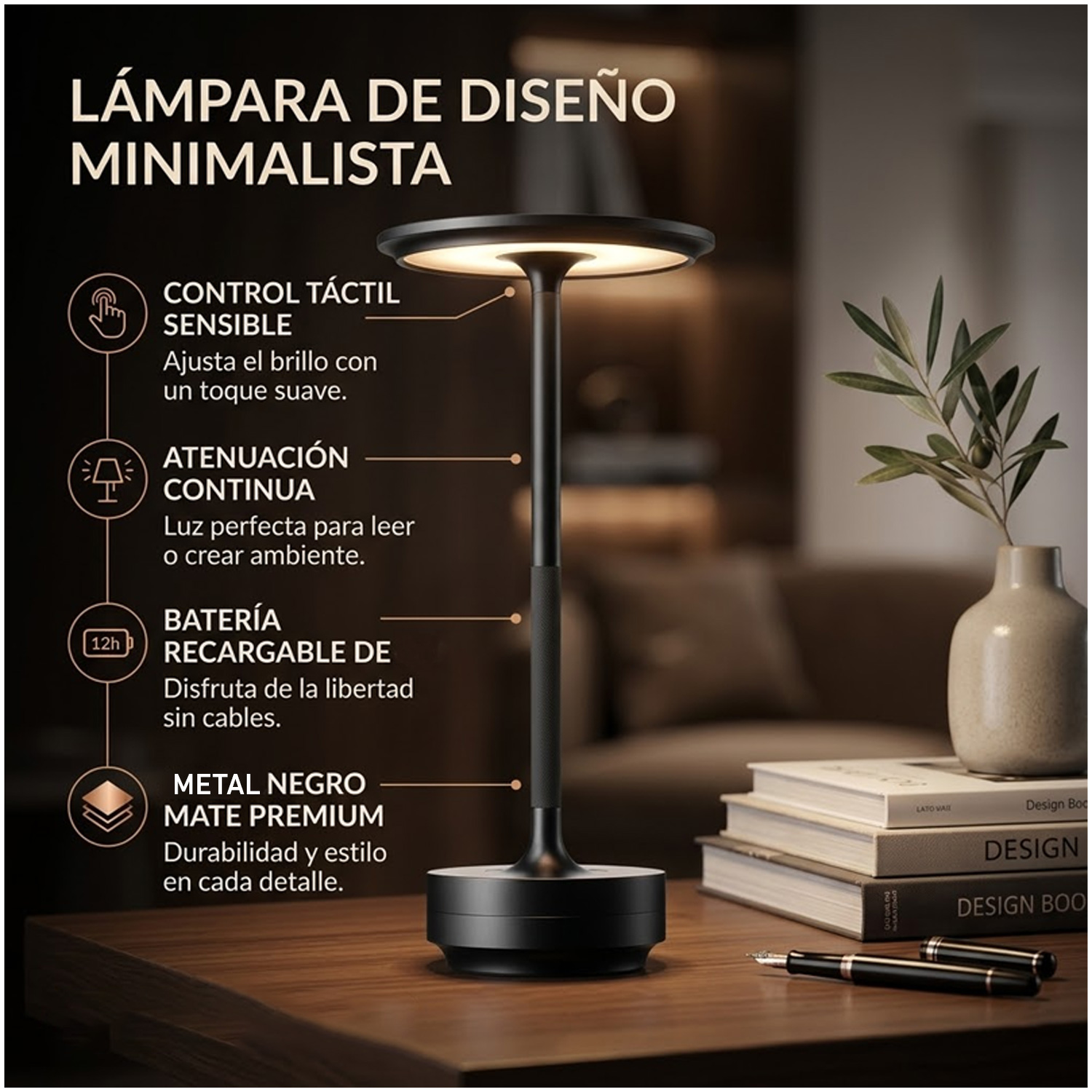 LÁMPARA DE MESA LUZ LED REGULABLE TÁCTIL INALÁMBRICA LT01-NEGRO - 6