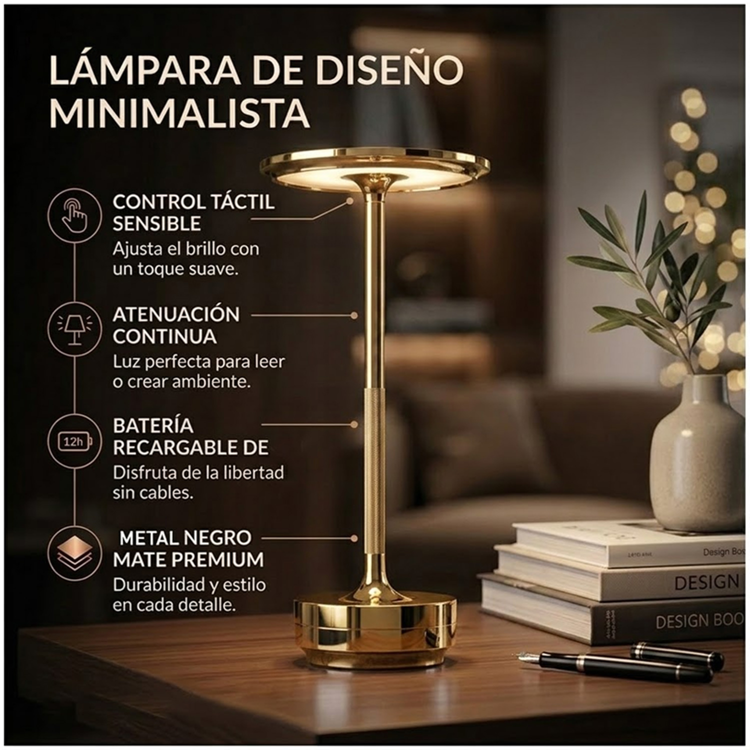 LÁMPARA DE MESA LUZ LED REGULABLE INALÁMBRICA TÁCTIL LT01 GOLDEN - 4