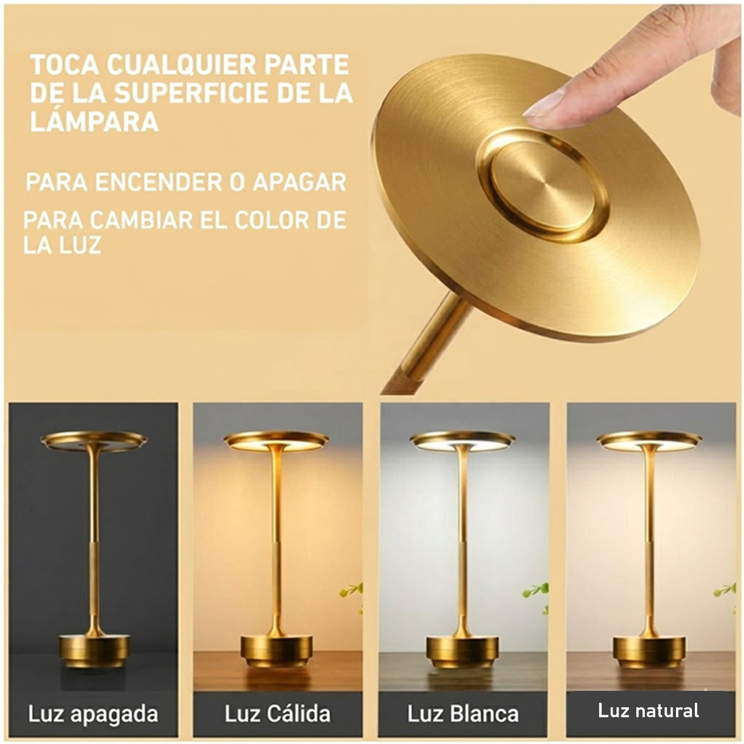 LÁMPARA DE MESA LUZ LED REGULABLE INALÁMBRICA TÁCTIL LT01 GOLDEN - 5