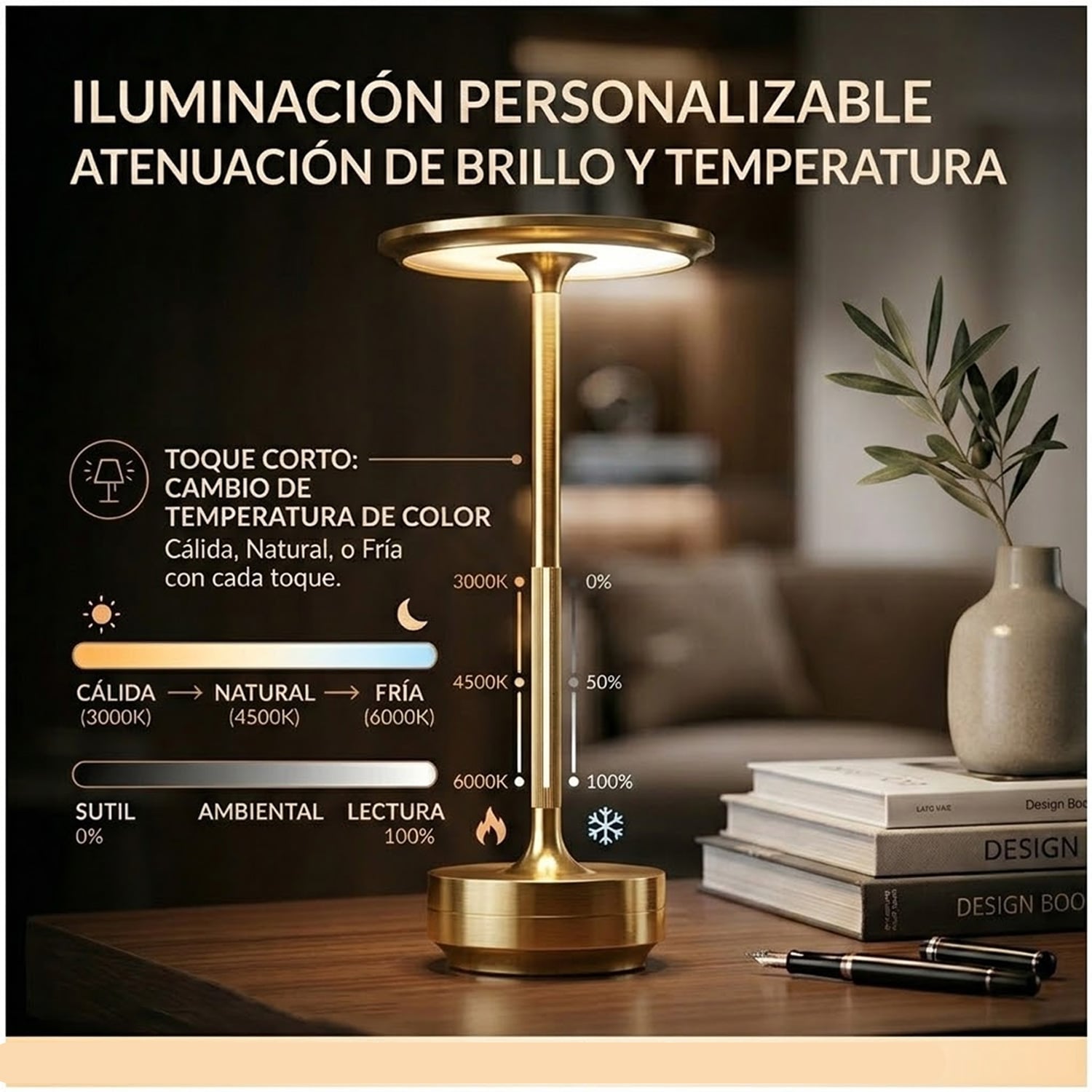 LÁMPARA DE MESA LUZ LED REGULABLE INALÁMBRICA TÁCTIL LT01 GOLDEN - 6