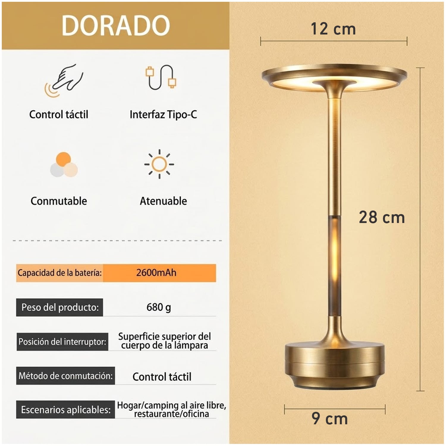 LÁMPARA DE MESA LUZ LED REGULABLE INALÁMBRICA TÁCTIL LT01 GOLDEN - 8