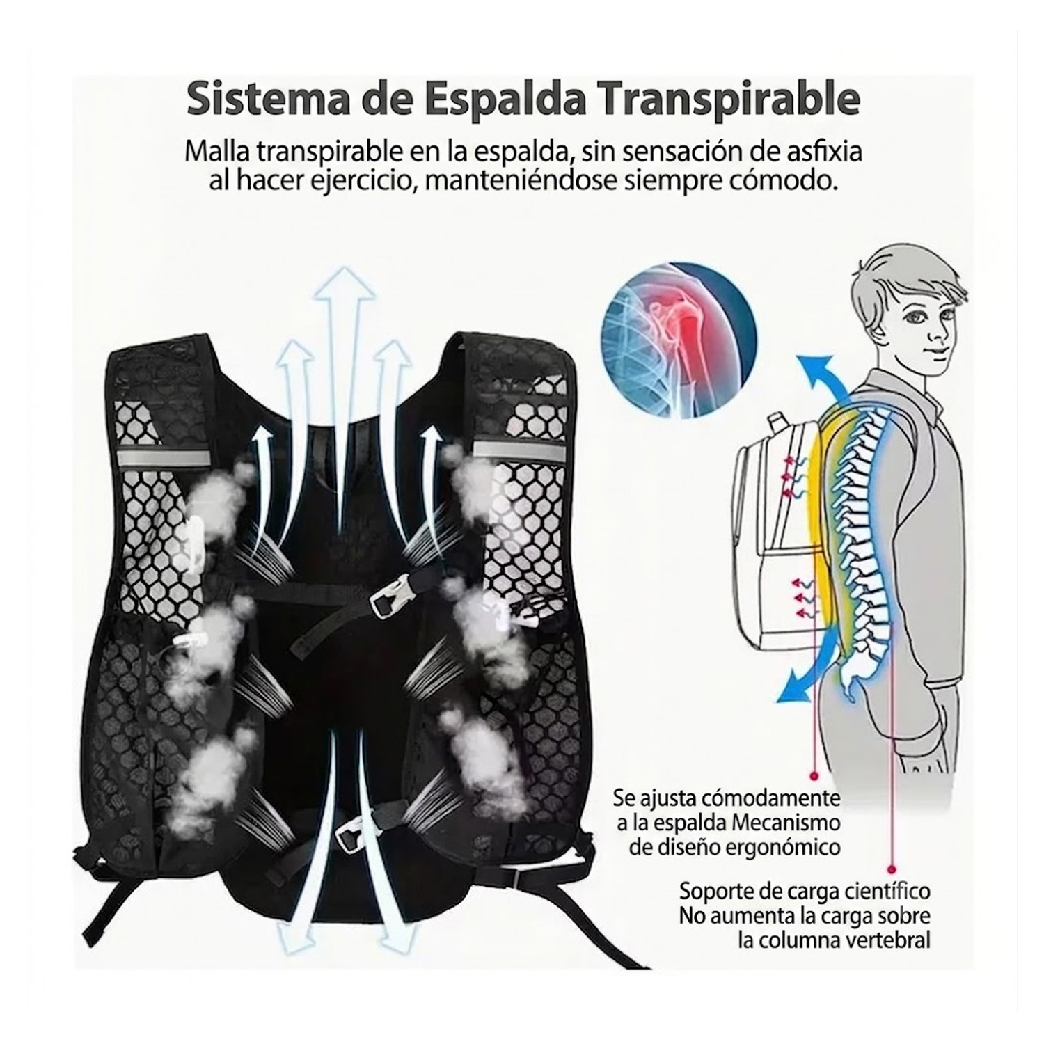 MOCHILA PARA BOLSA DE HIDRATACIÓN DE 1.5L CICLISMO RUNNING BP-50 NEGRO - 7