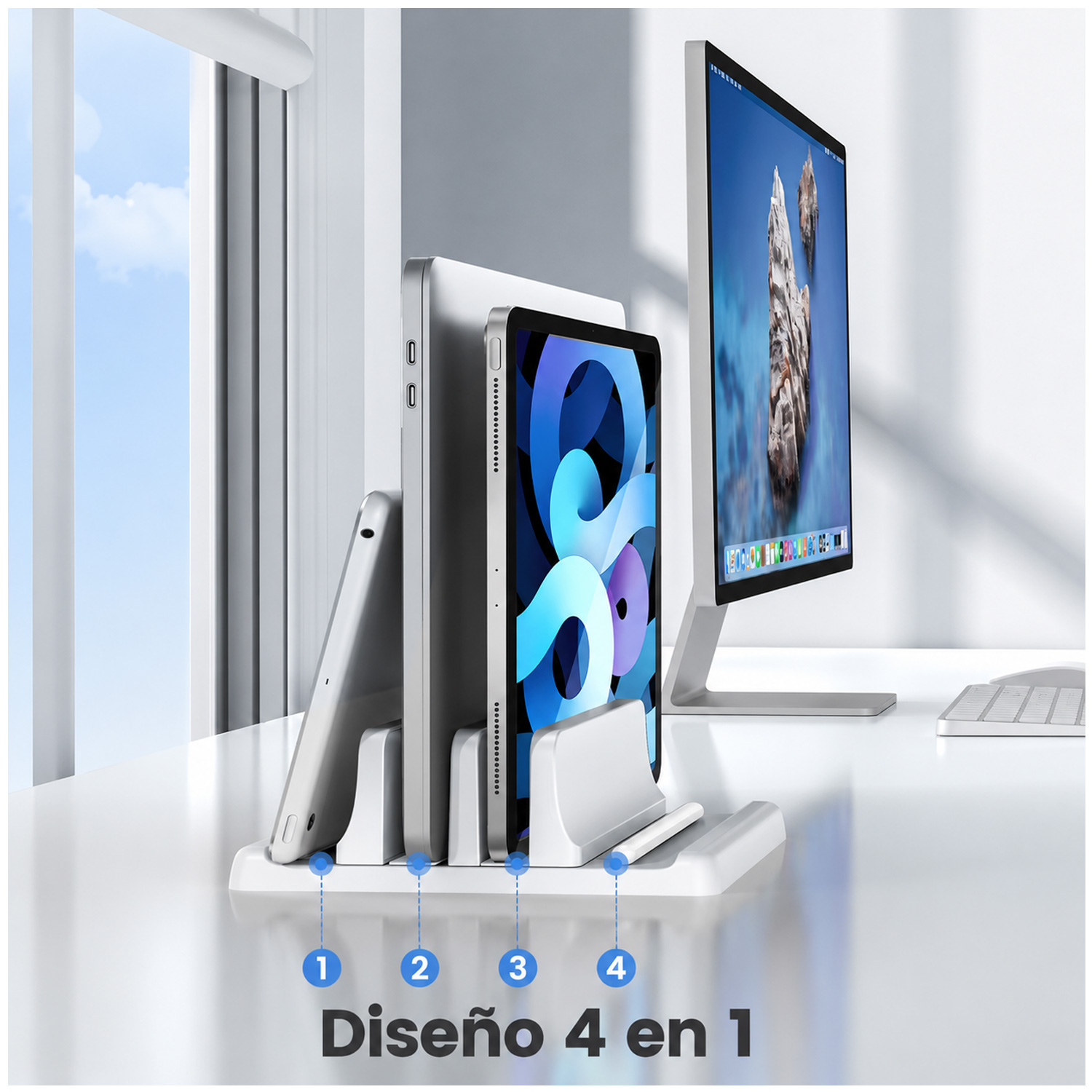 SOPORTE BASE VERTICAL 4 EN 1 DE ESCRITORIO PARA LAPTOP TABLET Y CELULAR AJUSTABLE SZ2S022 - 2
