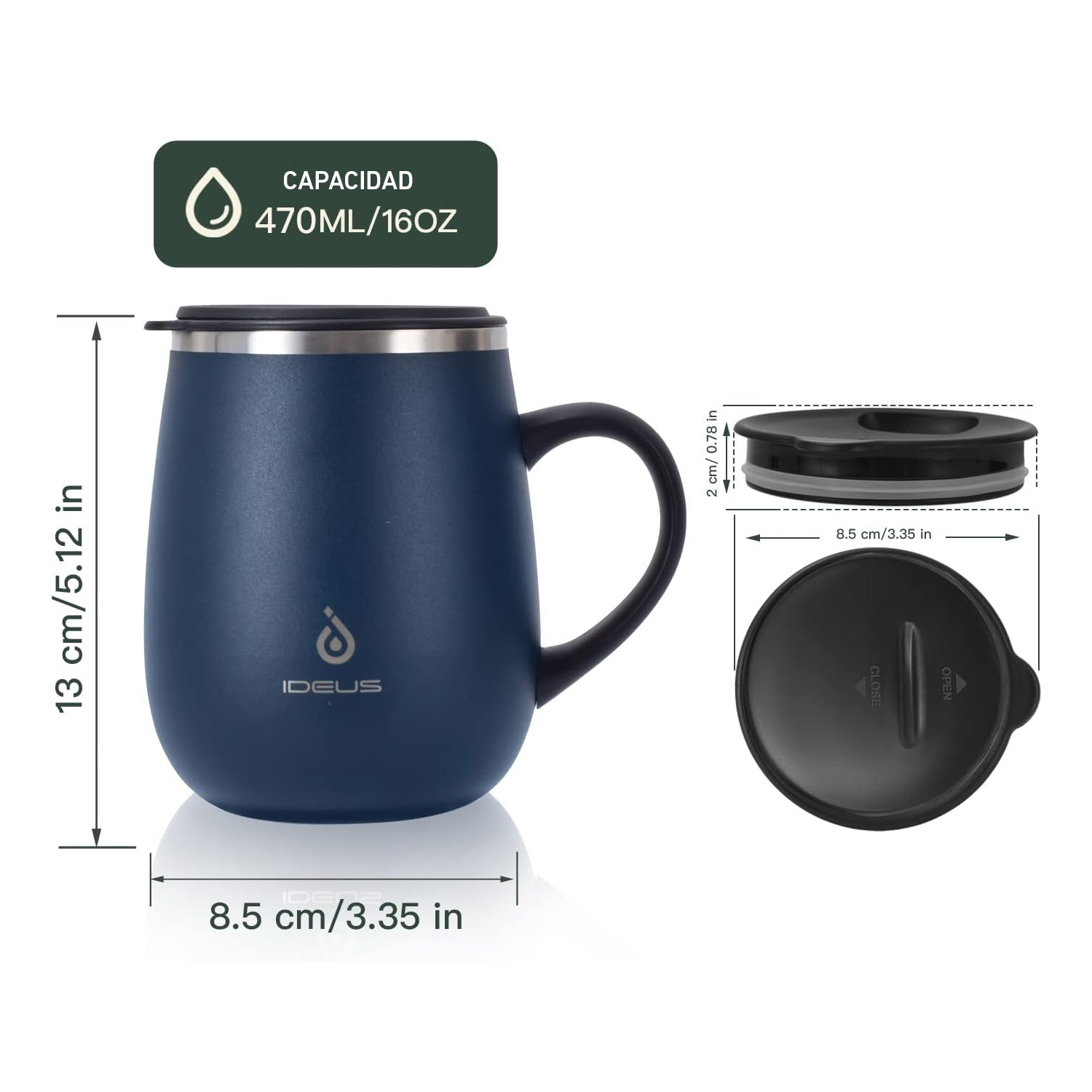 TAZA TÉRMICA AISLADA 16OZ IDEUS ACERO INOXIDABLE ANTIDERRAMES AZUL MUG01 - 2