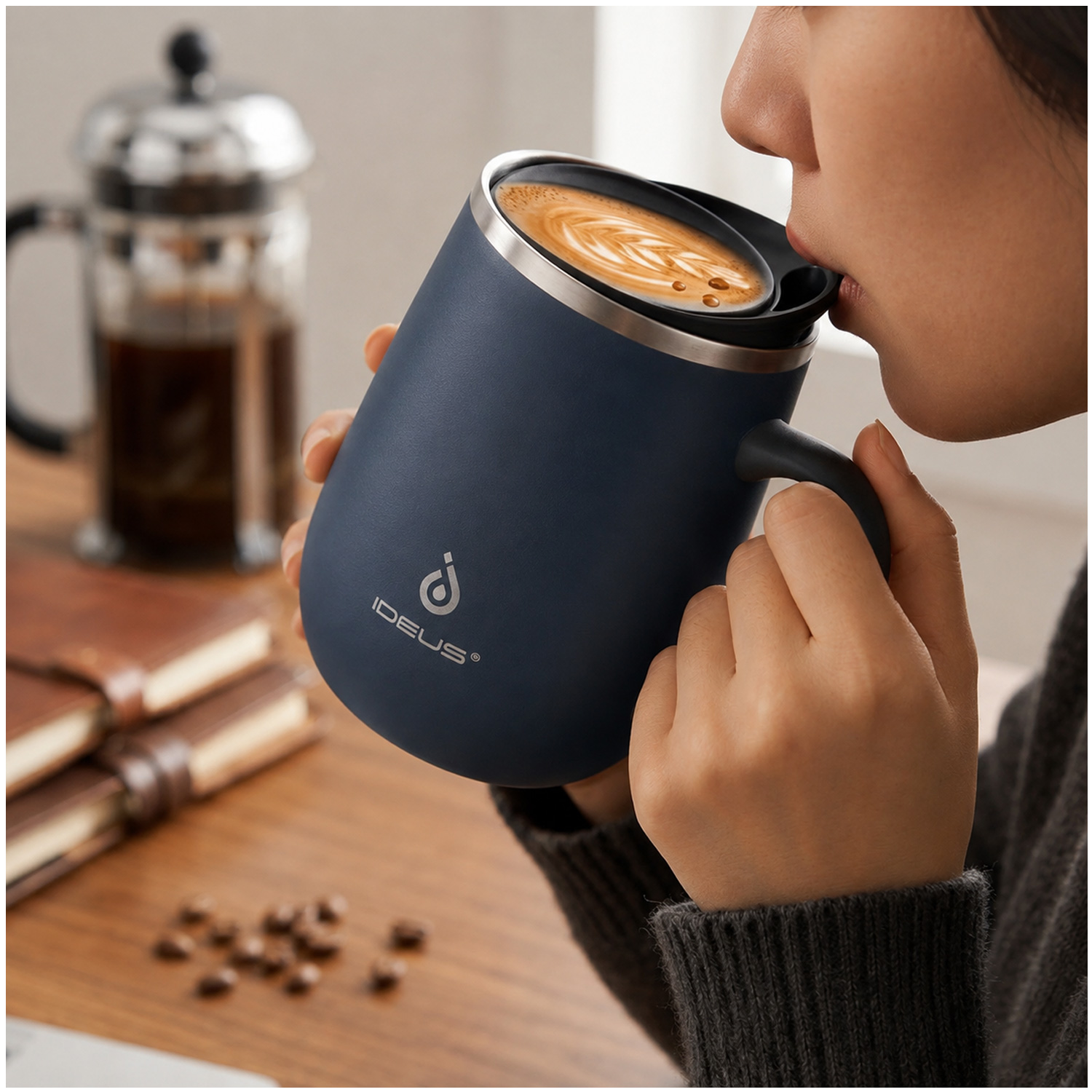 TAZA TÉRMICA AISLADA 16OZ IDEUS ACERO INOXIDABLE ANTIDERRAMES AZUL MUG01 - 8