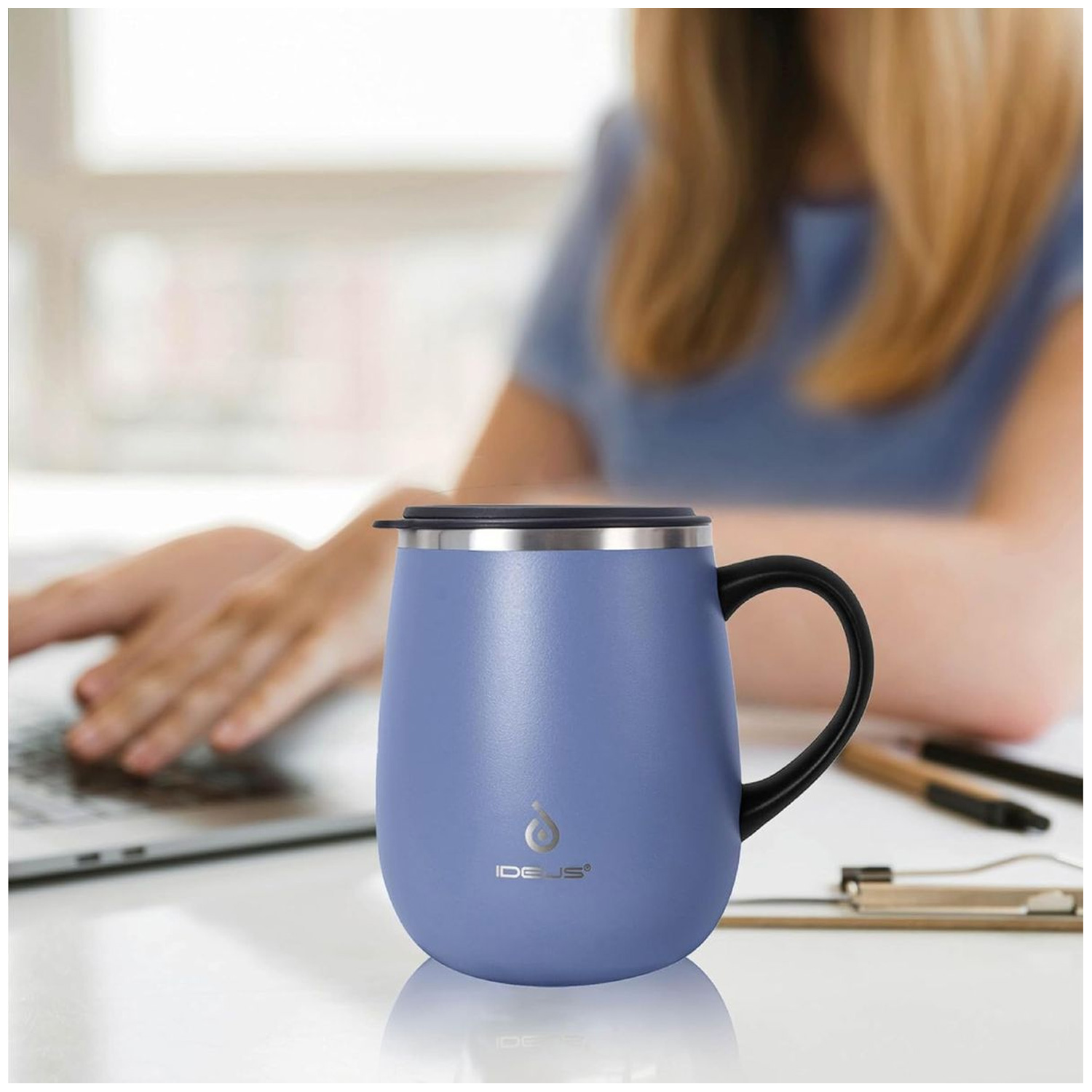 TAZA TÉRMICA AISLADA 16OZ IDEUS ACERO INOXIDABLE ANTIDERRAMES LILA MUG01 - 2