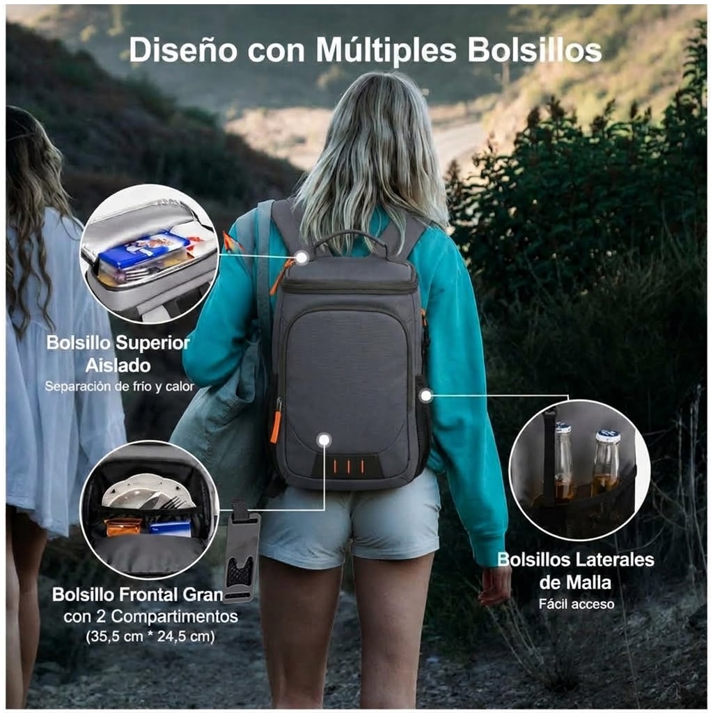 MOCHILA TÉRMICA LONCHERA ENFRIADORA AISLADA PLAYA VIAJE BP60 GRIS - 3