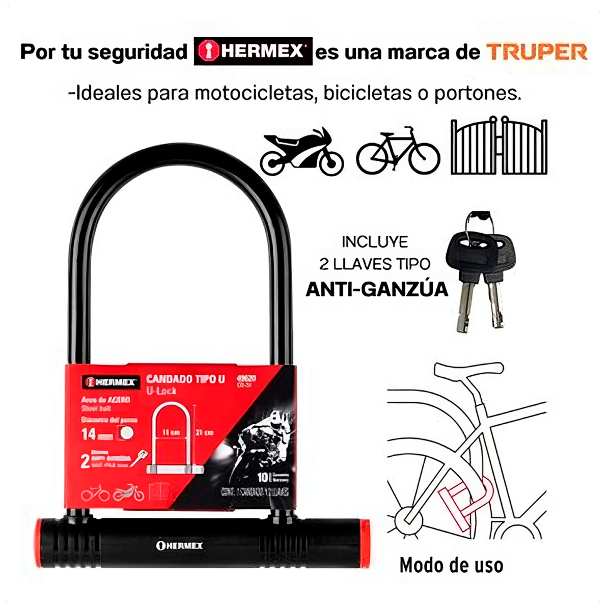 CANDADO KMAZTER TIPO U ACERO BICICLETA MOTO SCOOTER PORTONES - 5