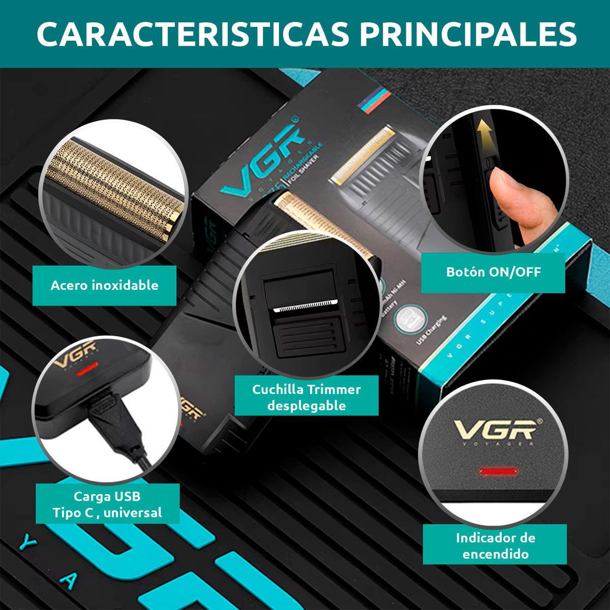 MÁQUINA AFEITAR SHAVER ELÉCTRICA 2EN1 PATILLERA VGR V-375 - 2