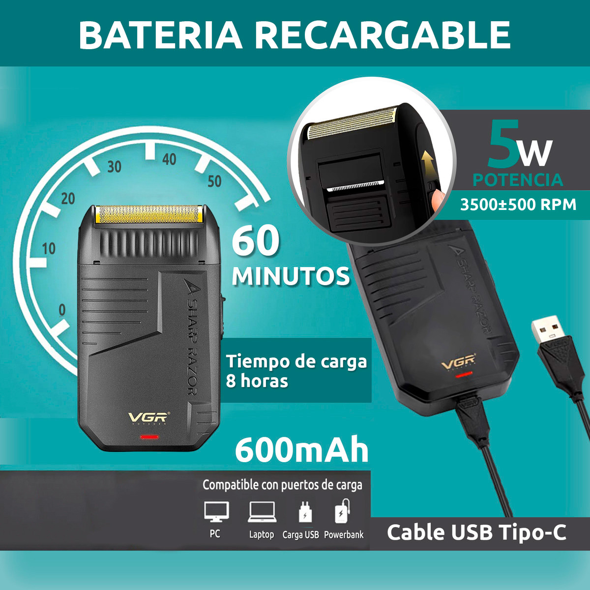 MÁQUINA AFEITAR SHAVER ELÉCTRICA 2EN1 PATILLERA VGR V-375 - 5