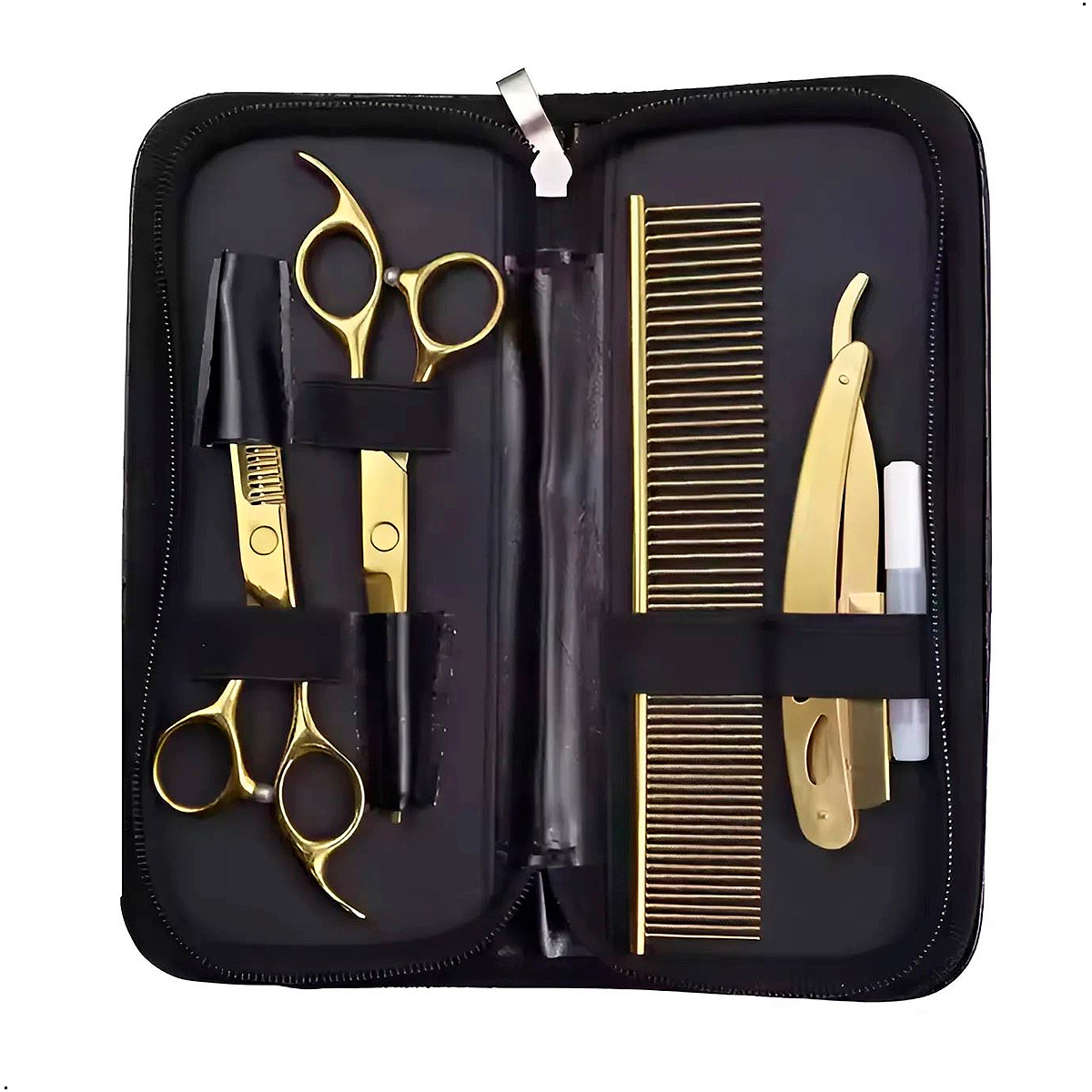COMBO TIJERA PROFESIONAL PELUQUERIA DE CORTE,PULIR Y NAVAJA DORADO - 1