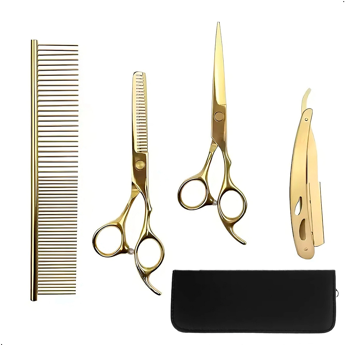 COMBO TIJERA PROFESIONAL PELUQUERIA DE CORTE,PULIR Y NAVAJA DORADO - 2