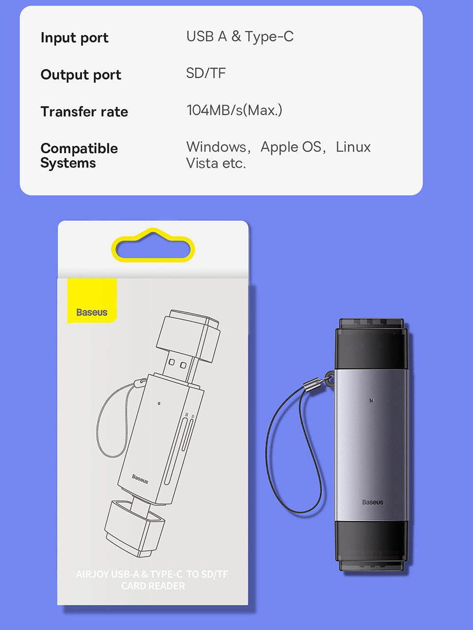 LECTOR DE TARJETA BASEUS ADAPTADOR SD/MICRO SD USB 3.0 USB C - 9