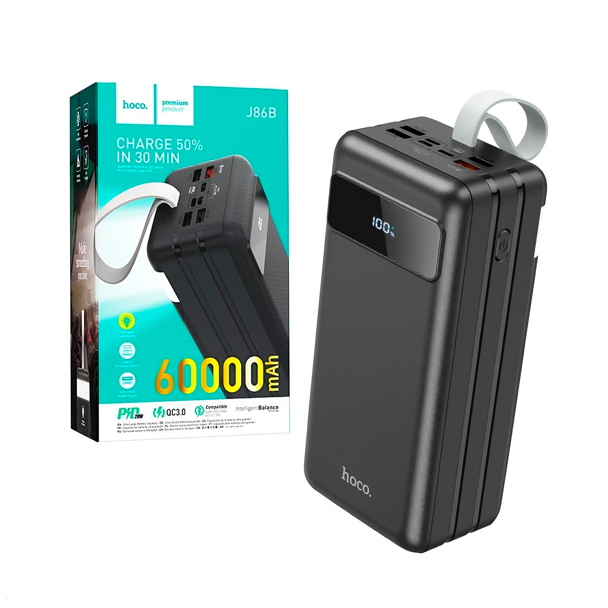Power Bank 60000mAh PD 45W – 4 Cavi Integrati, 4 Porte, Display LED E Torcia, Per Viaggi E Outdoor