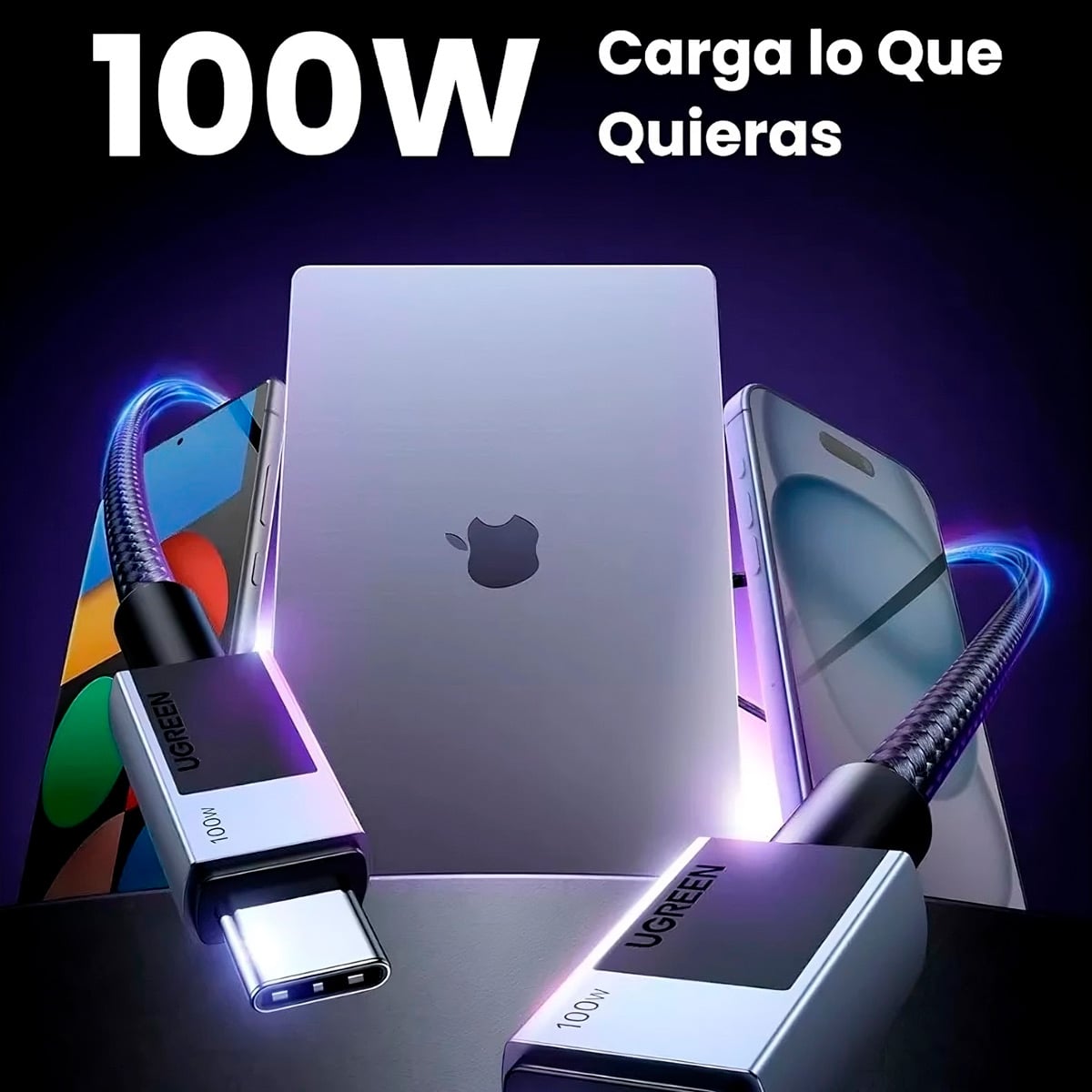 CABLE UGREEN 100W USB TIPO C NYLON TRENZADO 1 M NEGRO - 7