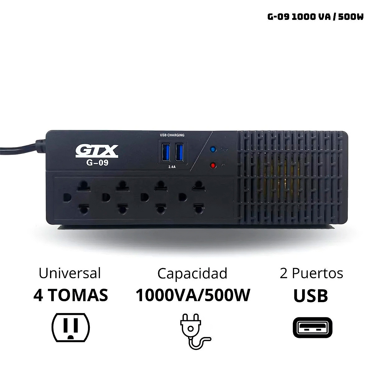 ESTABILIZADOR GTX G-09 1000VA/500W 4 SALIDAS CABLE DE 1.1MTS - 1