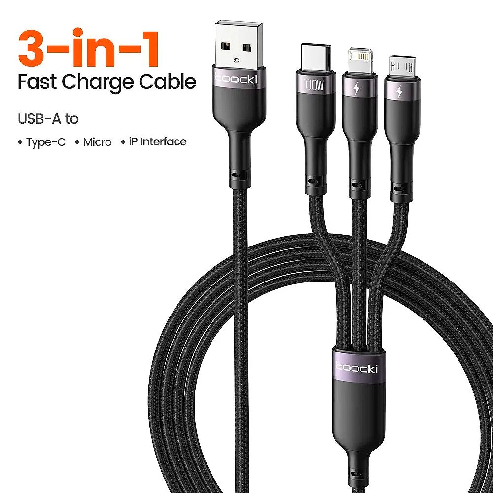 CABLE TOOCKI 3 EN 1 USB TIPO C IP MICRO CARGA RÁPIDA 100W - 1