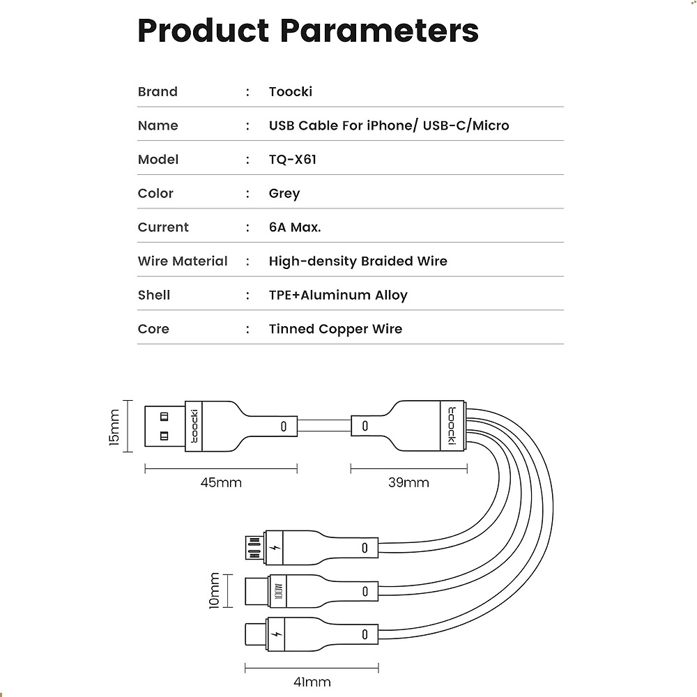 CABLE TOOCKI 3 EN 1 USB TIPO C IP MICRO CARGA RÁPIDA 100W - 5
