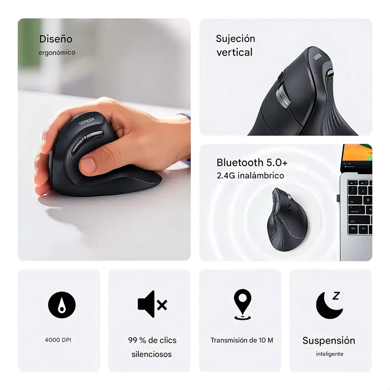 UGREEN MU008 MOUSE VERTICAL INALÁMBRICO 4000DPI PC/PORTÁTIL NEGRO - 4
