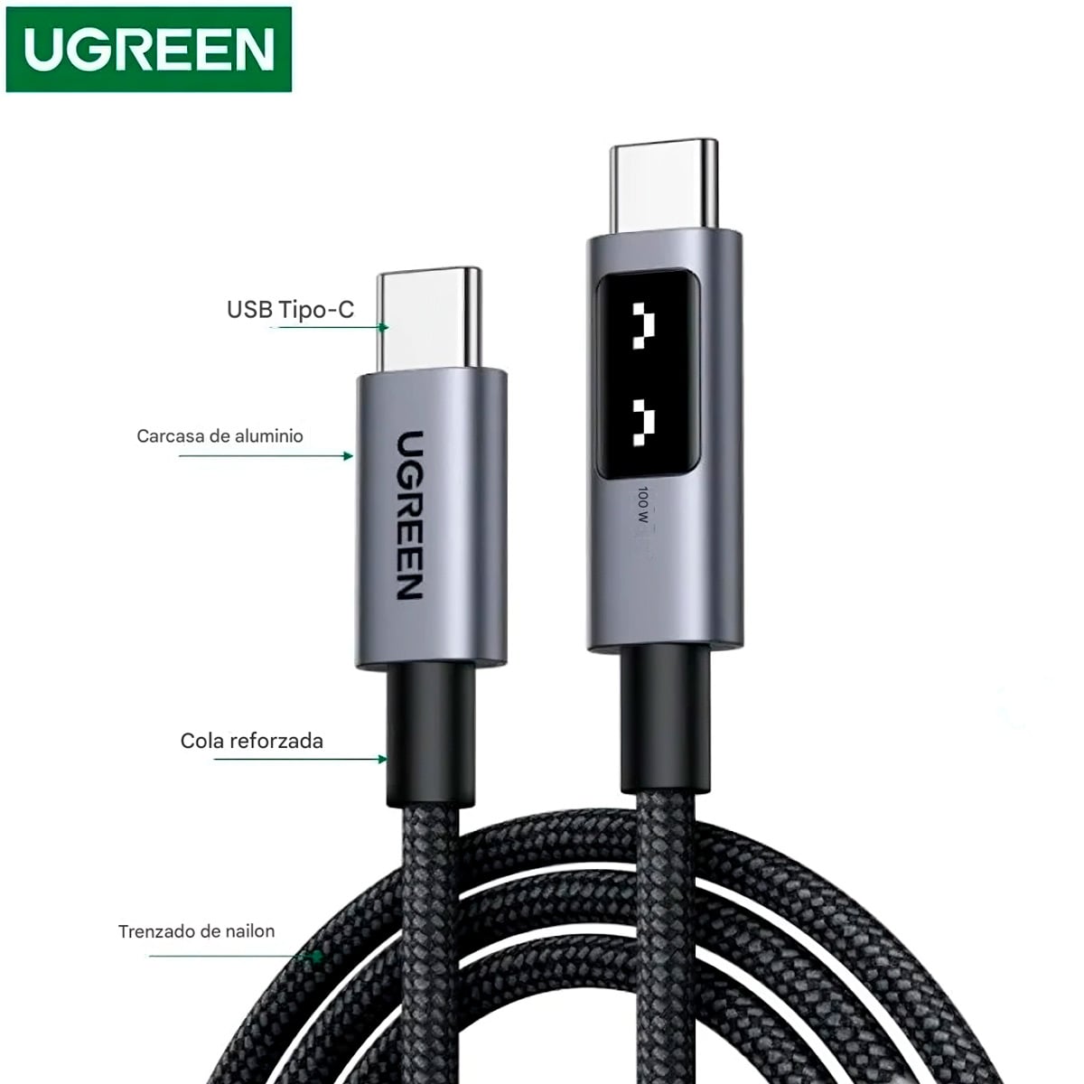 UGREEN L509 CABLE CARGA RAPIDA 100W USB C A USB C CON PANTALLA 1M - 2