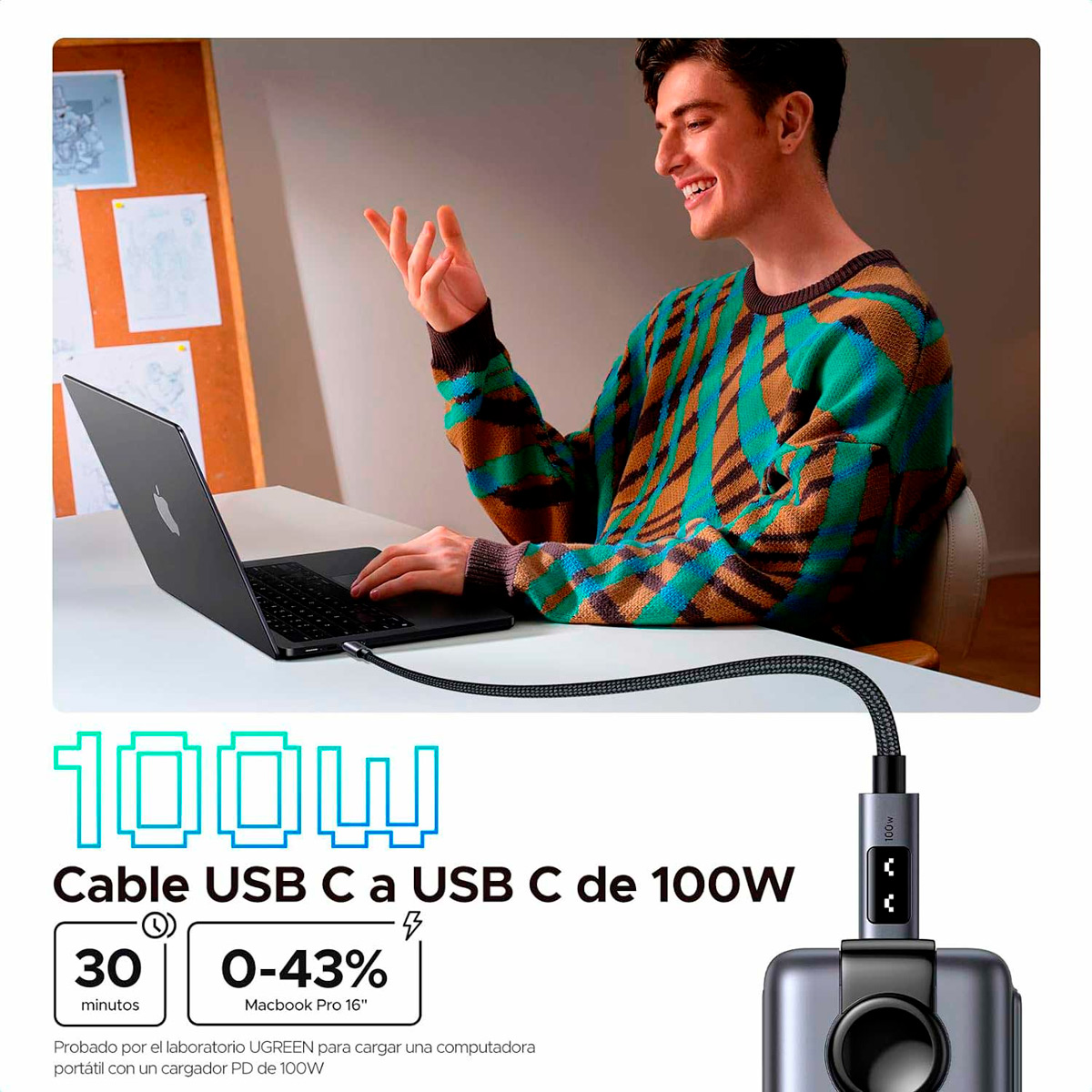 UGREEN L509 CABLE CARGA RAPIDA 100W USB C A USB C CON PANTALLA 1M - 8