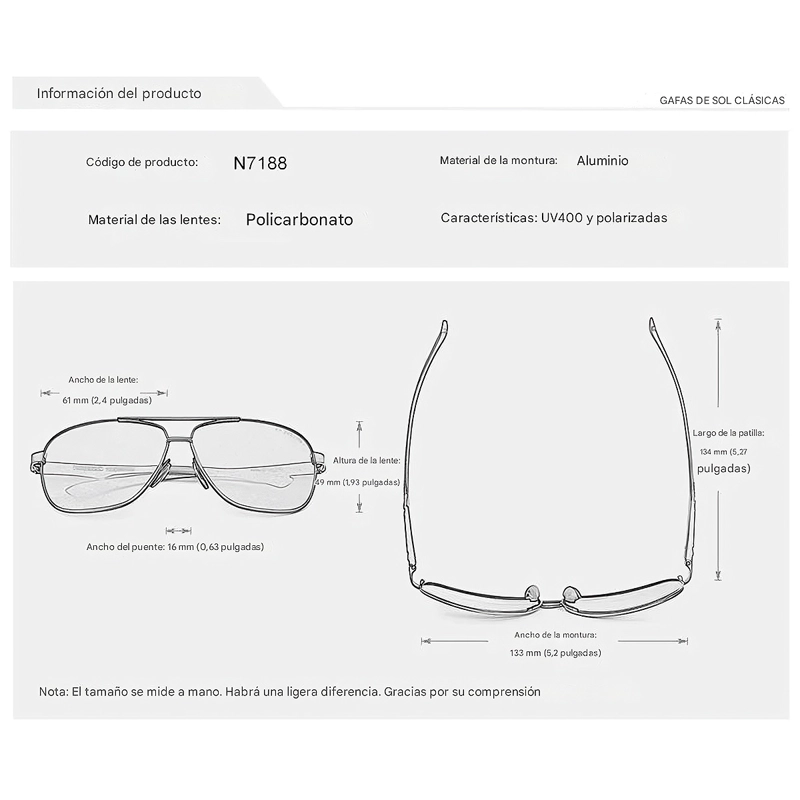 LENTES DE SOL GAFAS KINGSEVEN 7188 AVIADOR PROTECCION UV400 UNISEX - 9