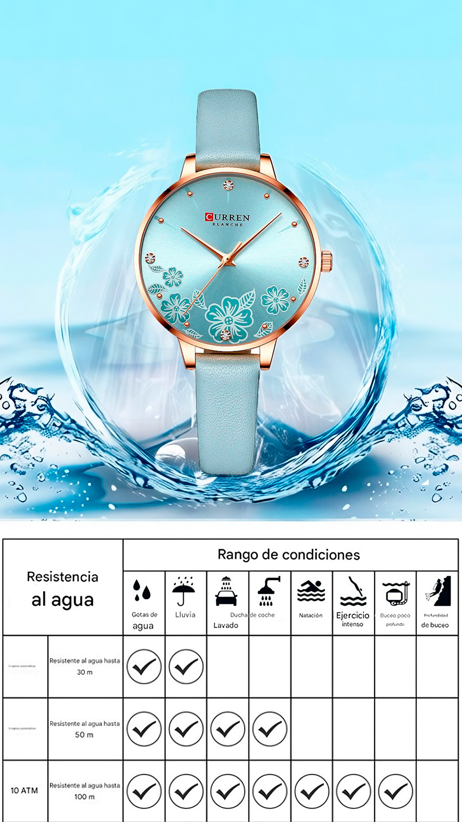 CURREN LADIES RELOJ PARA MUJER CELESTE IMPERMEABLE ORO ROSA - 10