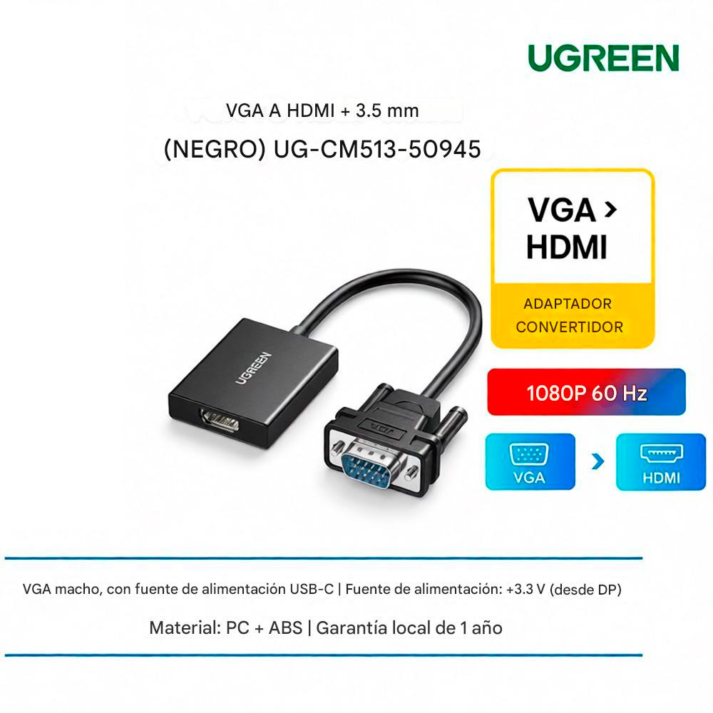 UGREEN CM513 CABLE ADAPTER VGA (MACHO) HDMI (HEMBRA) 0,15M 1080P FULL HD - 10