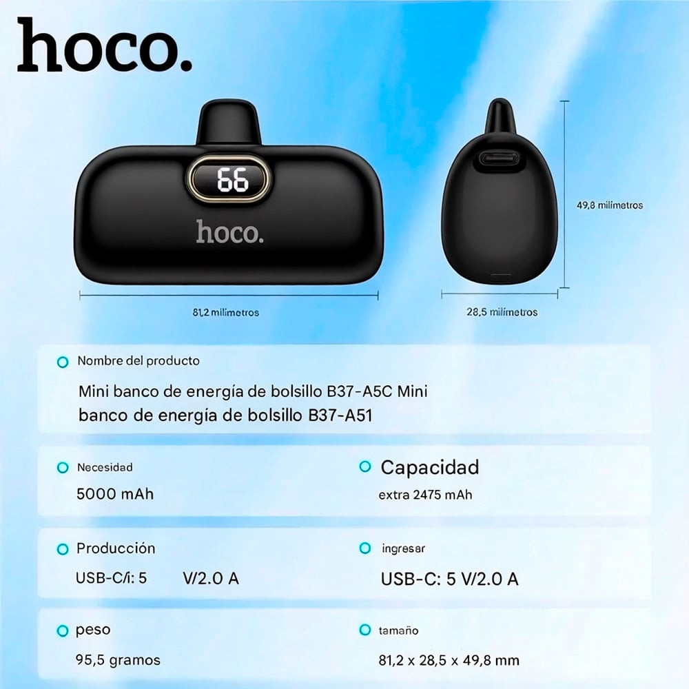 HOCO A5C MINI POWER BANK 5000MAH TIPO C PANATALLA LED - 2