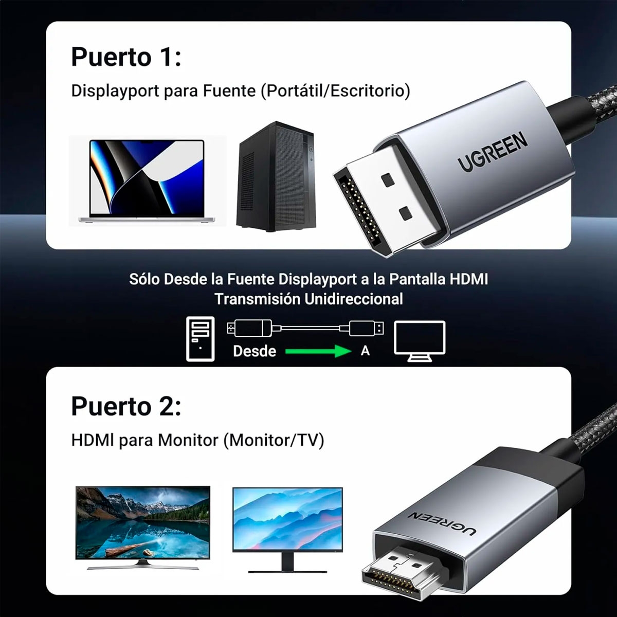 CABLE UGREEN DP119 DISPLAYPORT A HDMI ULTRA HD 4K 3M 18GBPS - 9