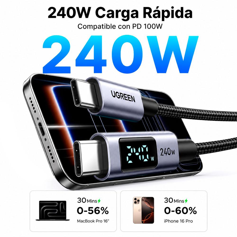 CABLE UGREEN L530 USB C A USB C 240W 1M CON PANTALLA LED - 9