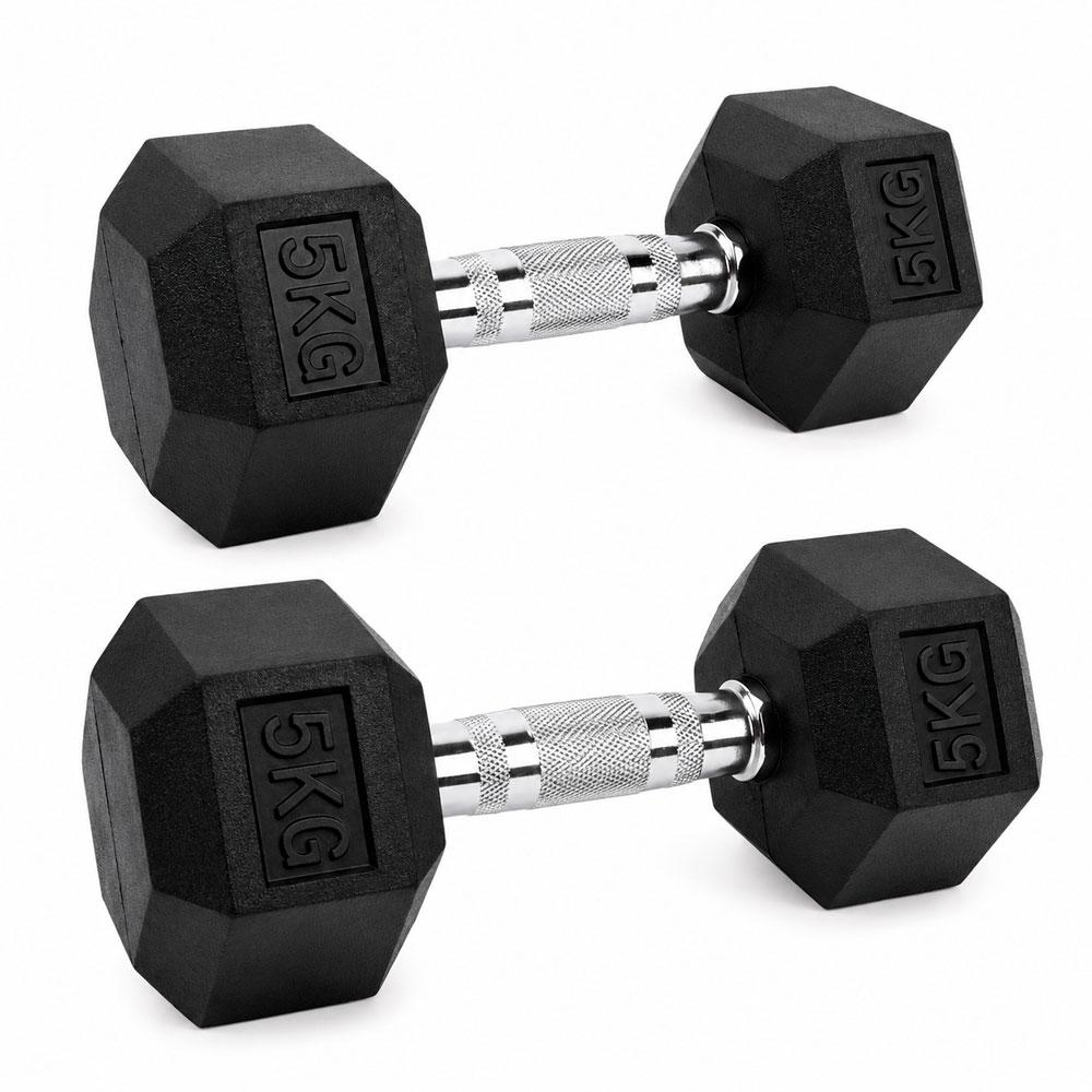 PAR DE PESAS HEXAGONALES 5 KG CAUCHO MANGO CROMADO GYM - 1