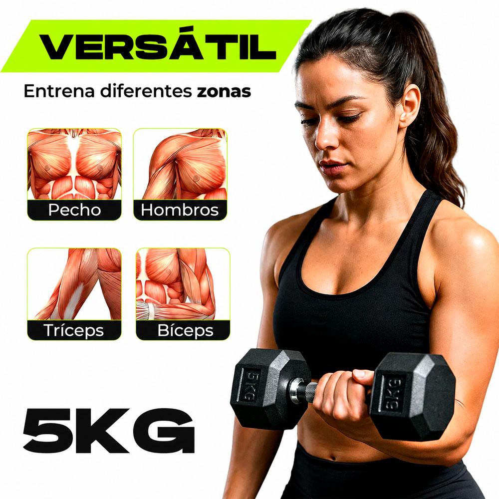 PAR DE PESAS HEXAGONALES 5 KG CAUCHO MANGO CROMADO GYM - 3