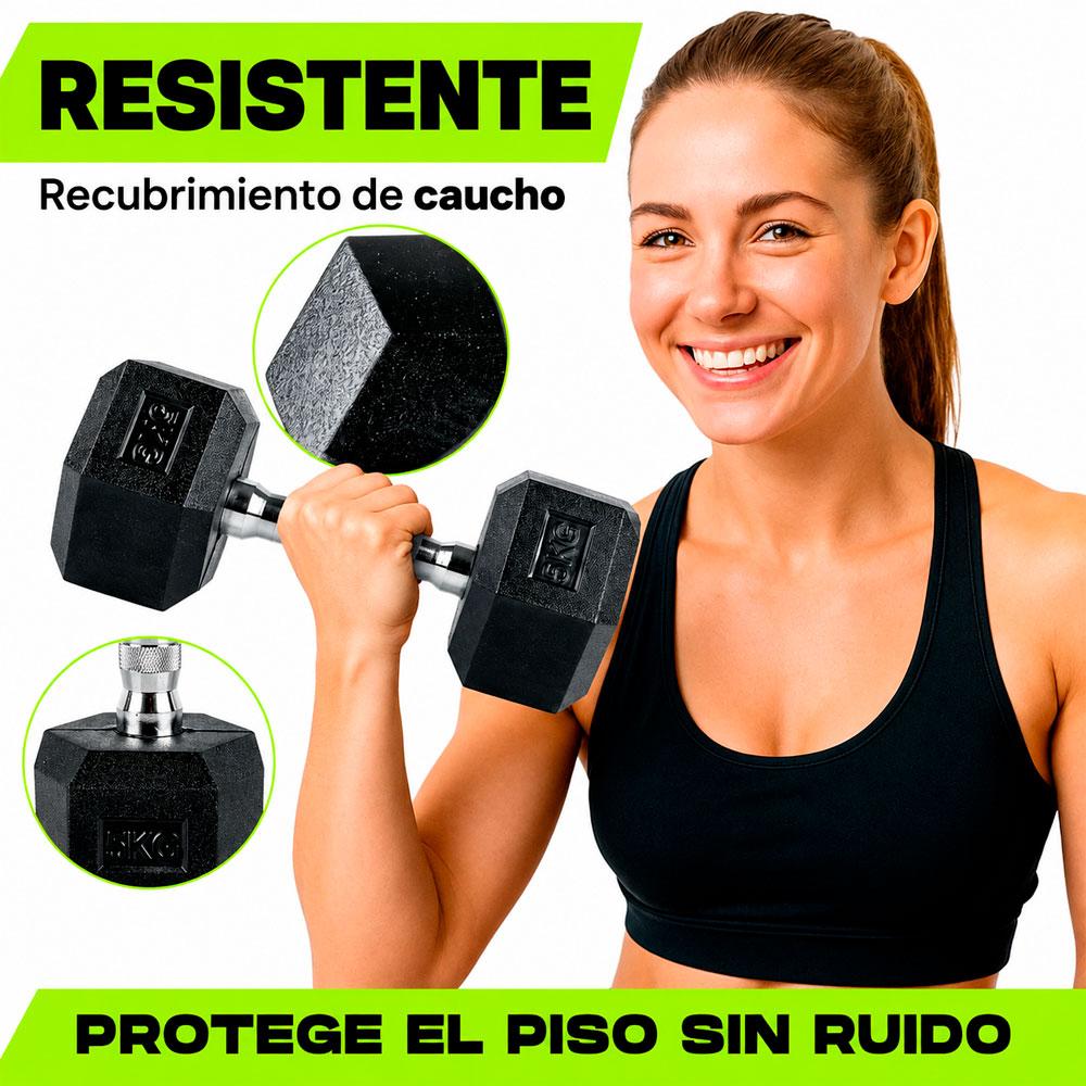 PAR DE PESAS HEXAGONALES 5 KG CAUCHO MANGO CROMADO GYM - 4