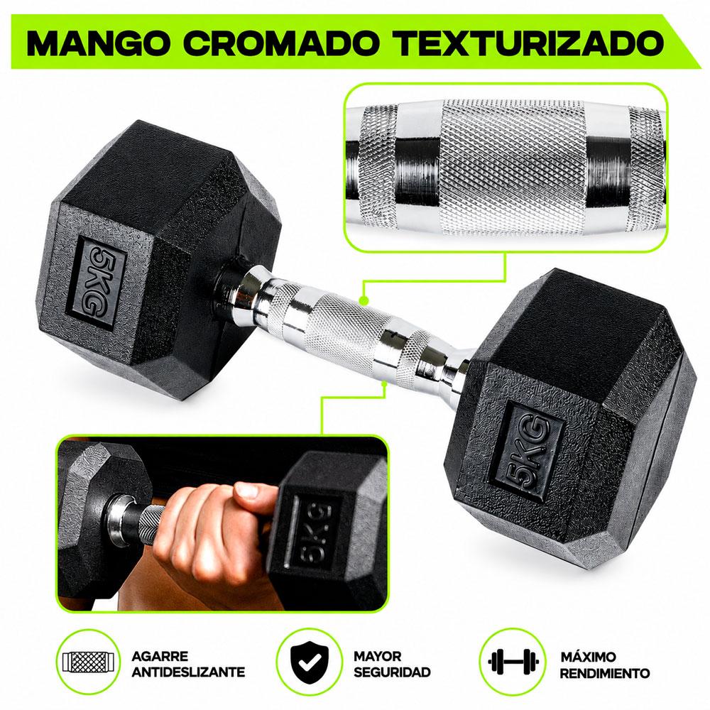 PAR DE PESAS HEXAGONALES 5 KG CAUCHO MANGO CROMADO GYM - 6