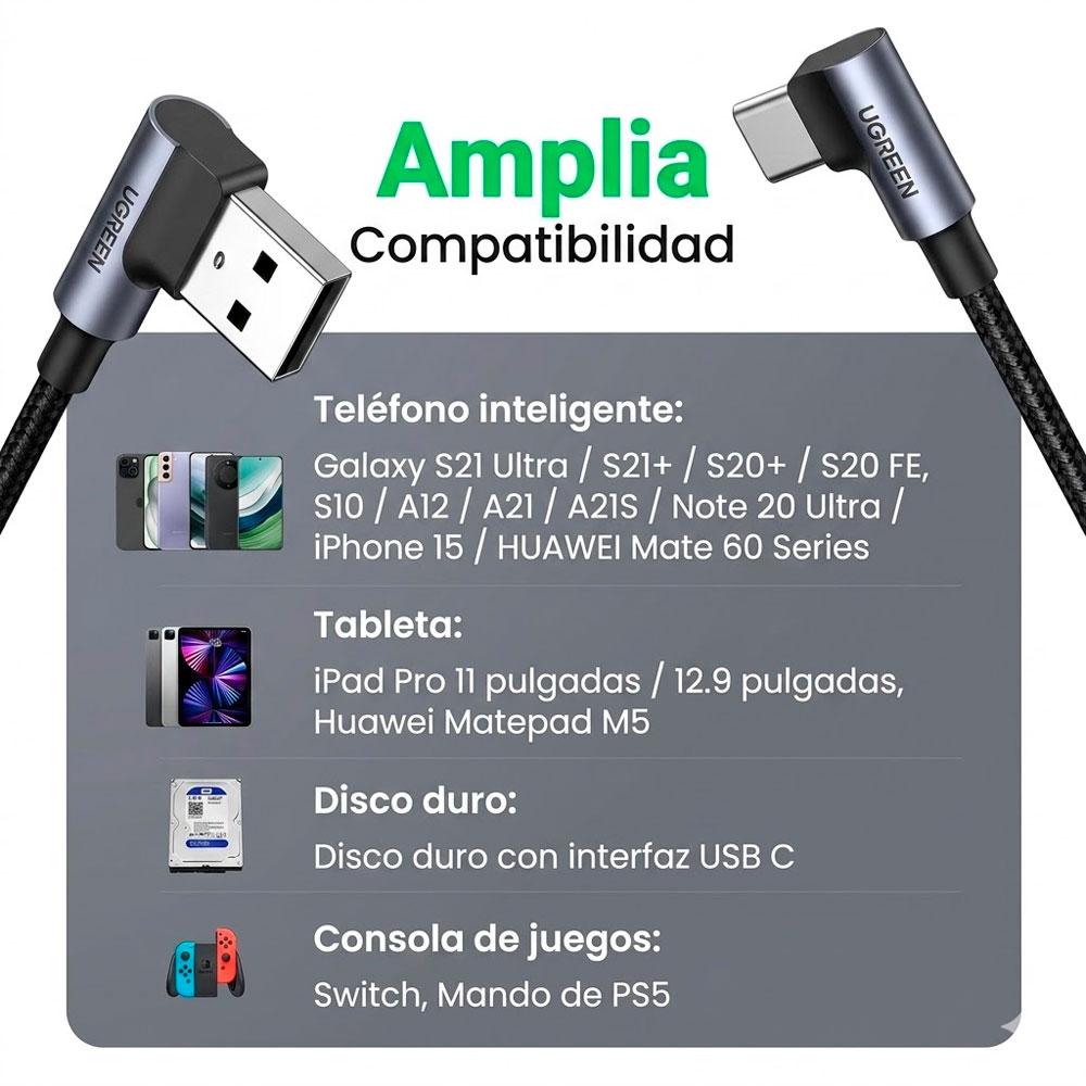 UGREEN US176 CABLE USB A A USB C 90° CARGA RÁPIDA TRENZADO 1M - 3