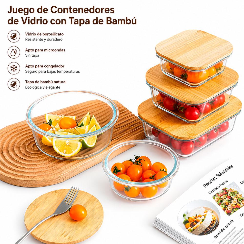 SET 3 TAPERS VIDRIO CON TAPA BAMBÚ HERMÉTICOS MS-3646 - 6