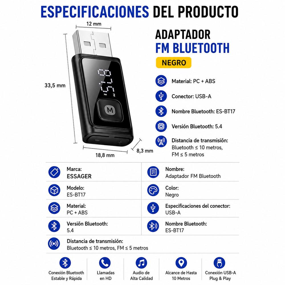 ESSAGER ES-BT17 TRANSMISOR BLUETOOTH 5.4 USB FM - 2