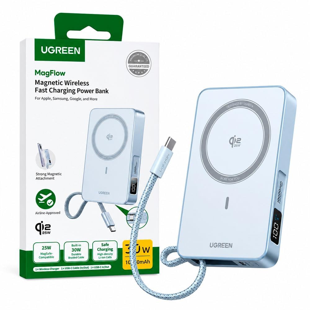 POWER BANK UGREEN PB773 10000MAH 25W QI2 MAGNÉTICO CON CABLE USB-C - 1