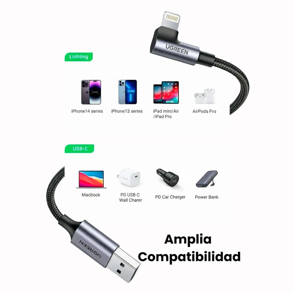 CABLE USB A A LIGHTNING UGREEN US299 90 GRADOS 1M CARGA RÁPIDA - 6