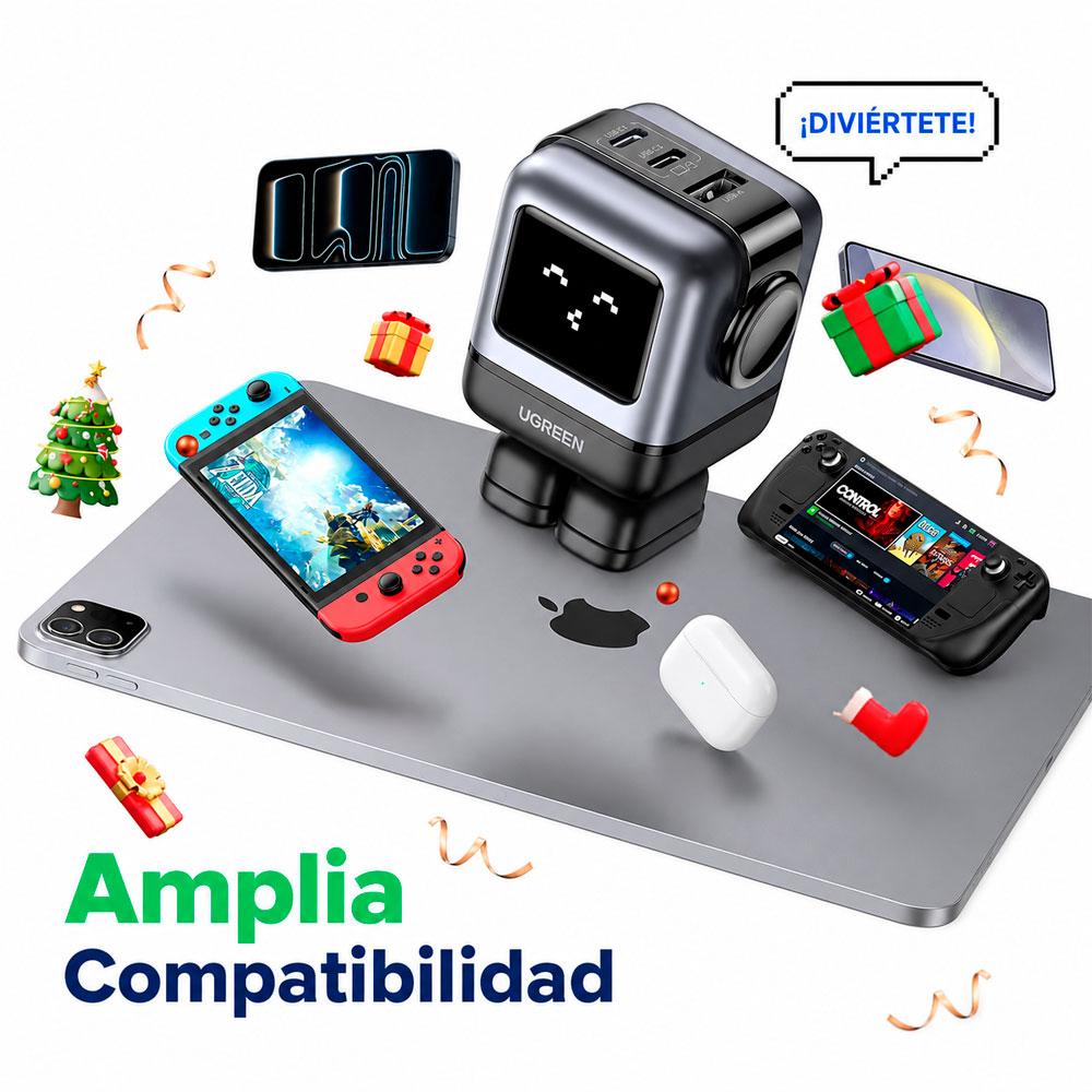 CARGADOR UGREEN CD361 GAN 65W ROBOT NEGRO CON 2 USB C Y USB A - 4