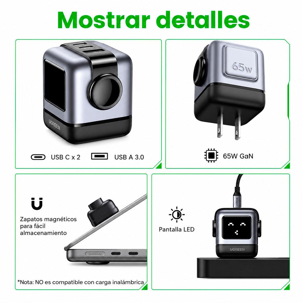 CARGADOR UGREEN CD361 GAN 65W ROBOT NEGRO CON 2 USB C Y USB A - 6