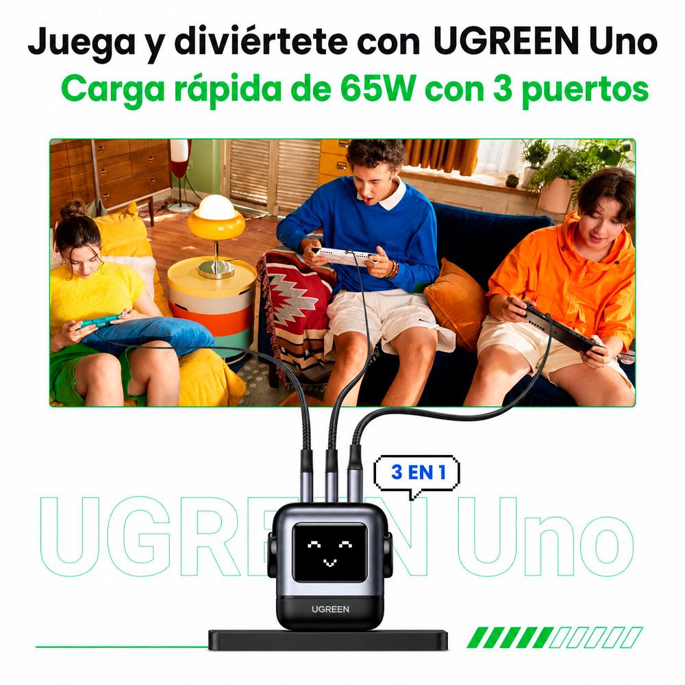CARGADOR UGREEN CD361 GAN 65W ROBOT NEGRO CON 2 USB C Y USB A - 7