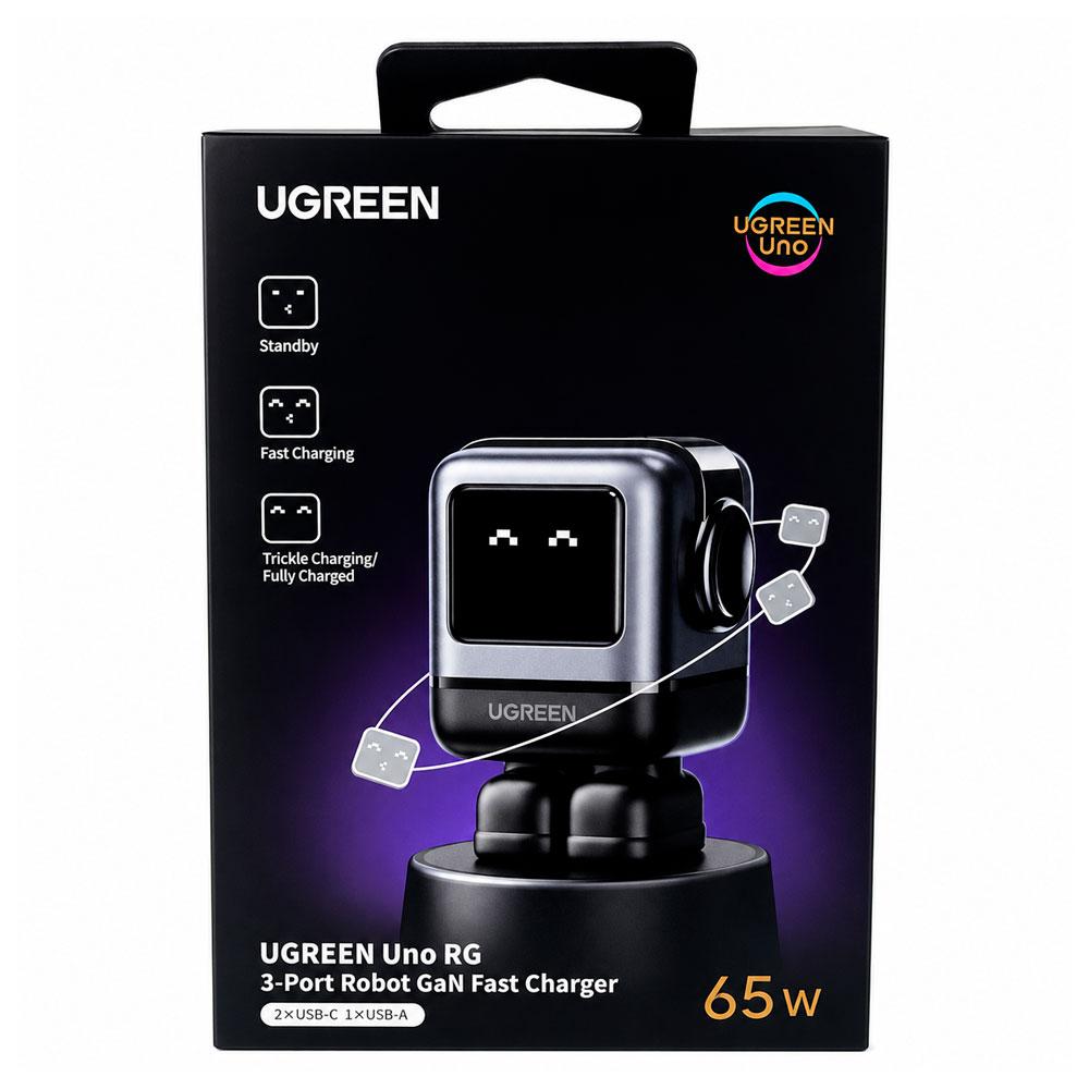 CARGADOR UGREEN CD361 GAN 65W ROBOT NEGRO CON 2 USB C Y USB A - 8
