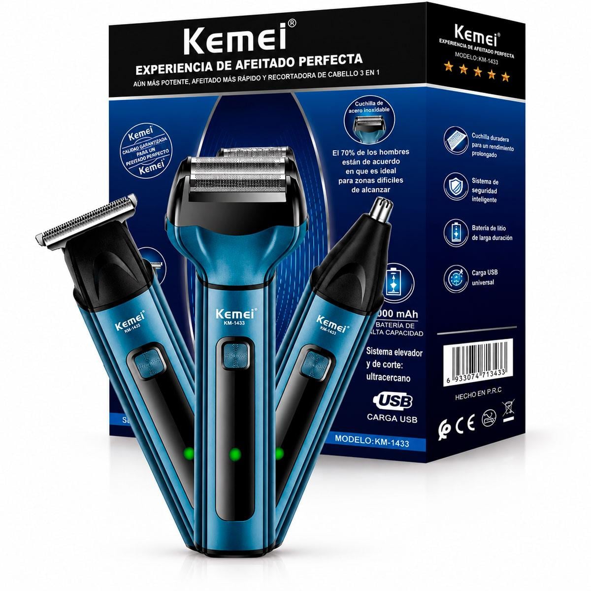 KEMEI KM-1433 MÁQUINA DE AFEITAR 3 EN 1 RECARGABLE USB PARA HOMBRE - 1