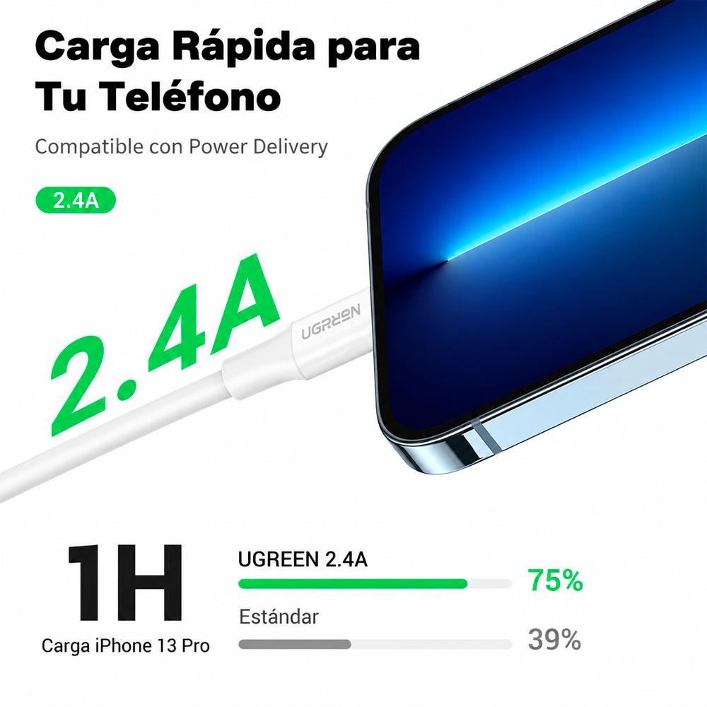 CABLE UGREEN US155 USB A A LIGHTNING 1M MFI CARGA RÁPIDA IPHONE - 7