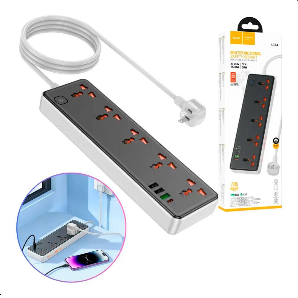 HOCO AC14 REGLETA ELÉCTRICA 2500W 8 TOMAS UNIVERSALES 3 USB CARGA RÁPIDA NEGRA - 1
