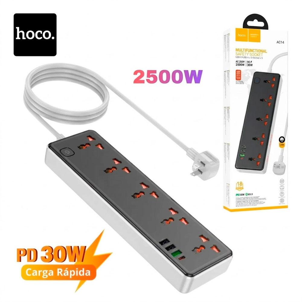 HOCO AC14 REGLETA ELÉCTRICA 2500W 8 TOMAS UNIVERSALES 3 USB CARGA RÁPIDA NEGRA - 2