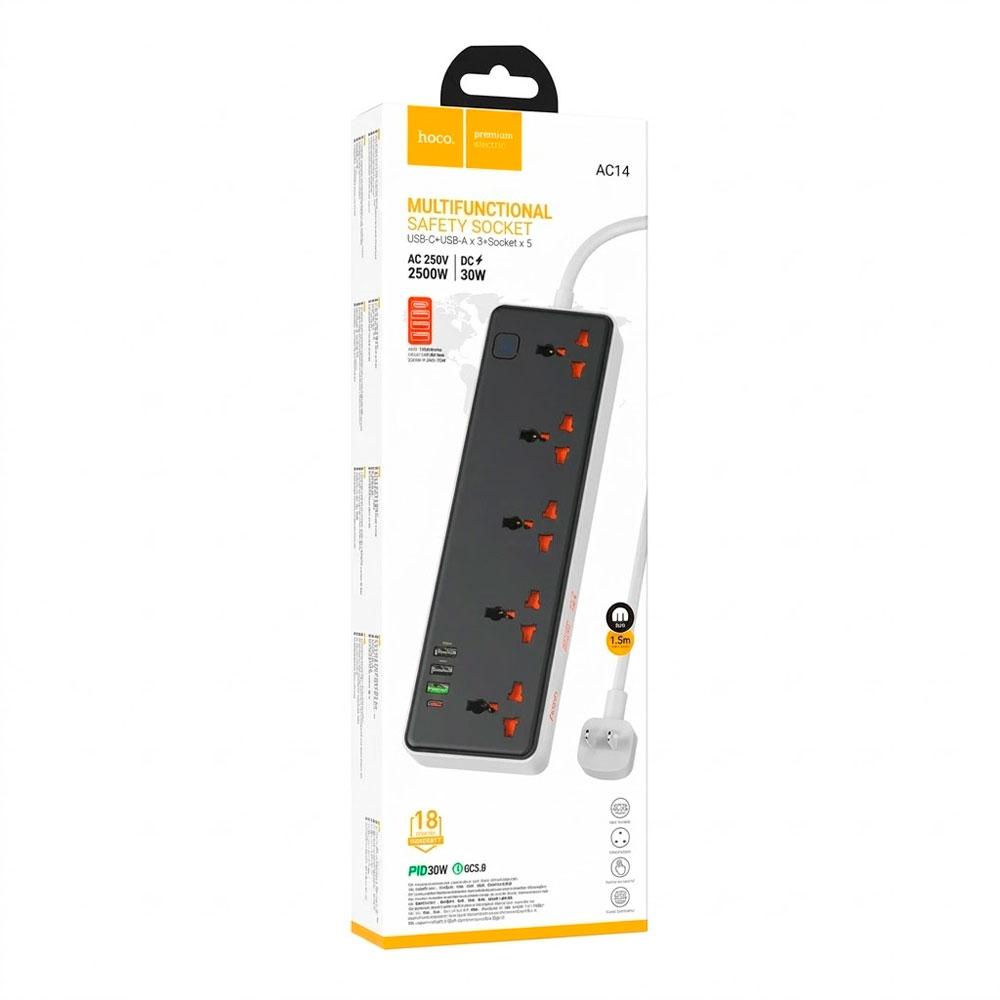HOCO AC14 REGLETA ELÉCTRICA 2500W 8 TOMAS UNIVERSALES 3 USB CARGA RÁPIDA NEGRA - 3
