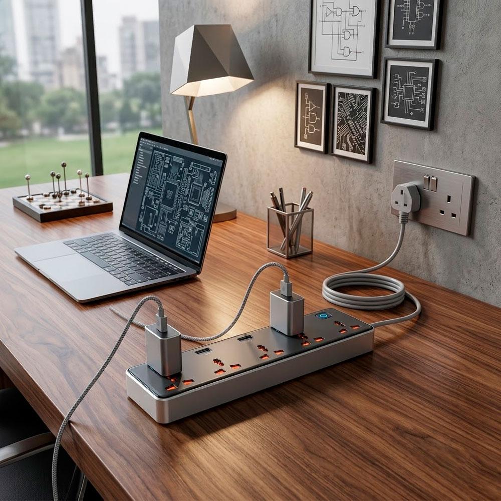 HOCO AC14 REGLETA ELÉCTRICA 2500W 8 TOMAS UNIVERSALES 3 USB CARGA RÁPIDA NEGRA - 4